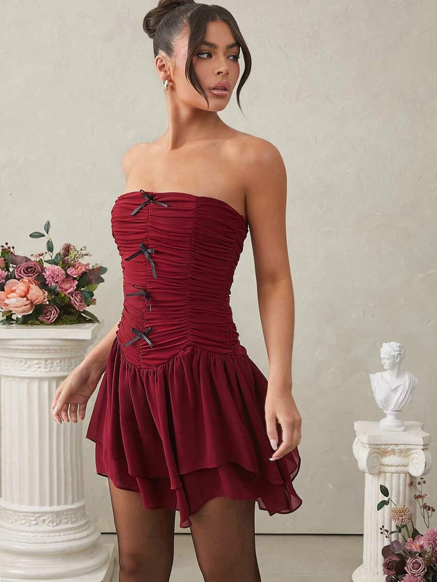 L'Amorae Women's Lace And Chiffon Dress With Ruching, Tiers, And Bows