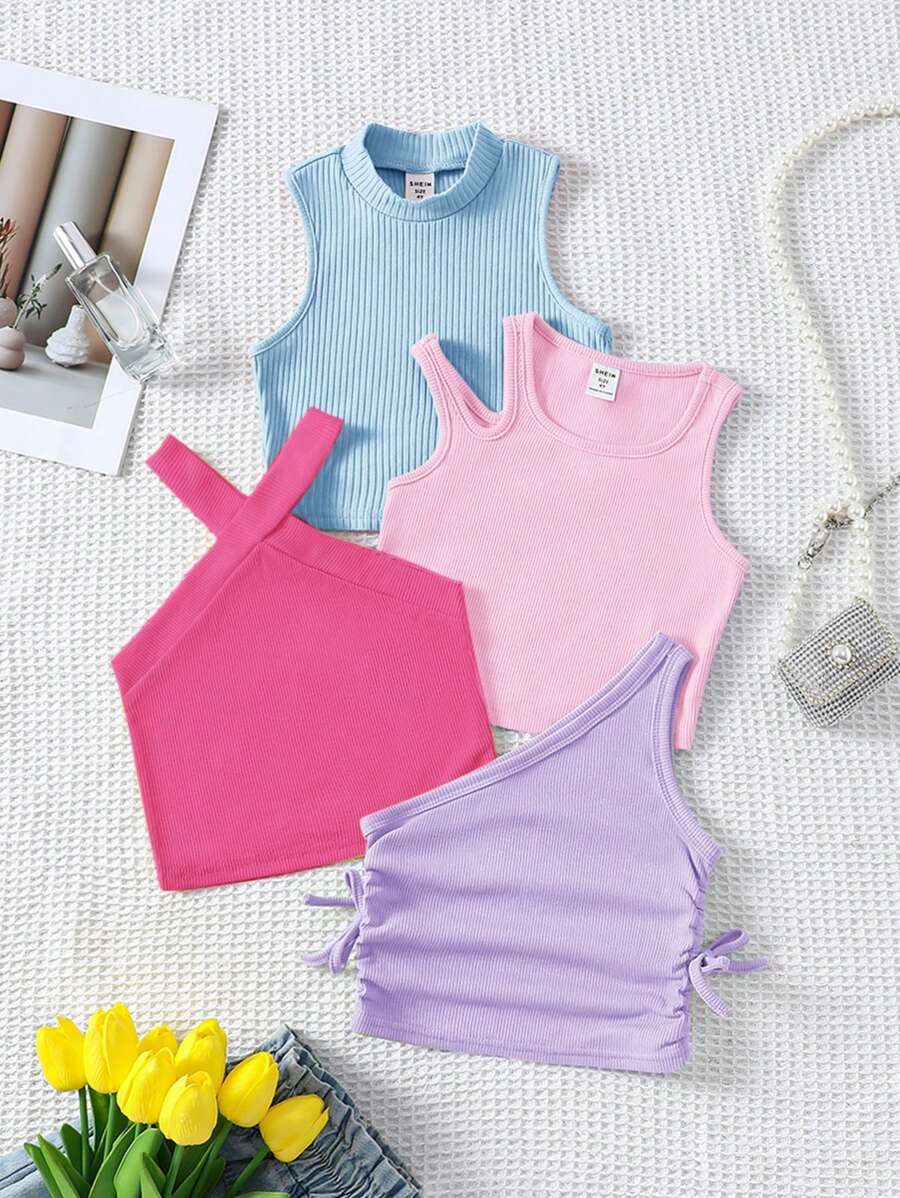 SHEIN 4 Stücke Kleine Mädchen Einfarbig Gestrickt Tailliert Kurzes Lässig Tank Top Set