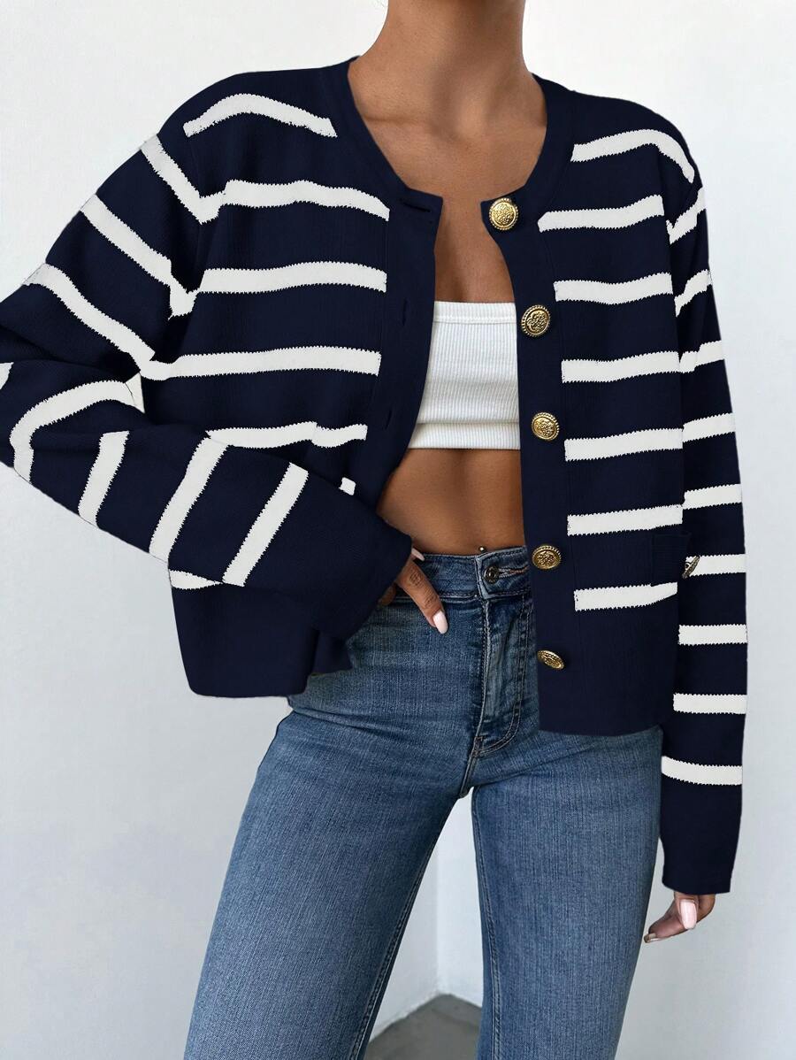 Cárdigan casual de manga larga con botones decorativos y estampado de rayas para mujer, otoño e invierno