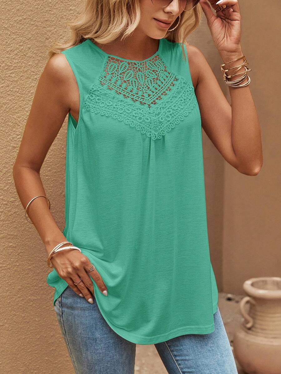 SHEIN Clasi Débardeur simple et élégant pour femmes, col rond, sans manches, avec broderie œillet et de couleur unie