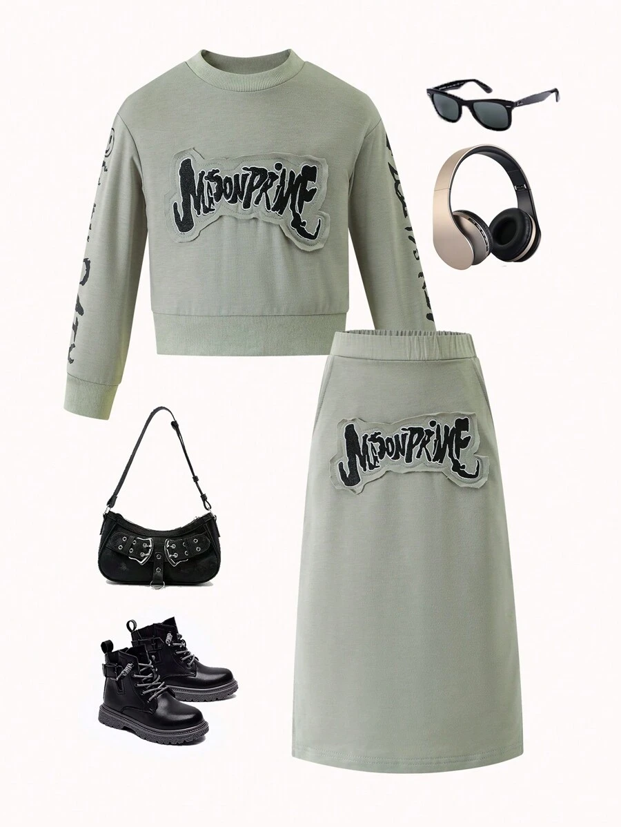 SHEIN 2 Stücke Mädchen Lässiges bedrucktes Sweatshirt Set