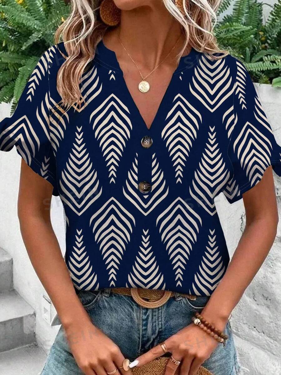 INAWLY Camiseta casual de verano para mujer con mangas cortas tipo ala de murciélago, cuello en V acanalado y estampado geométrico