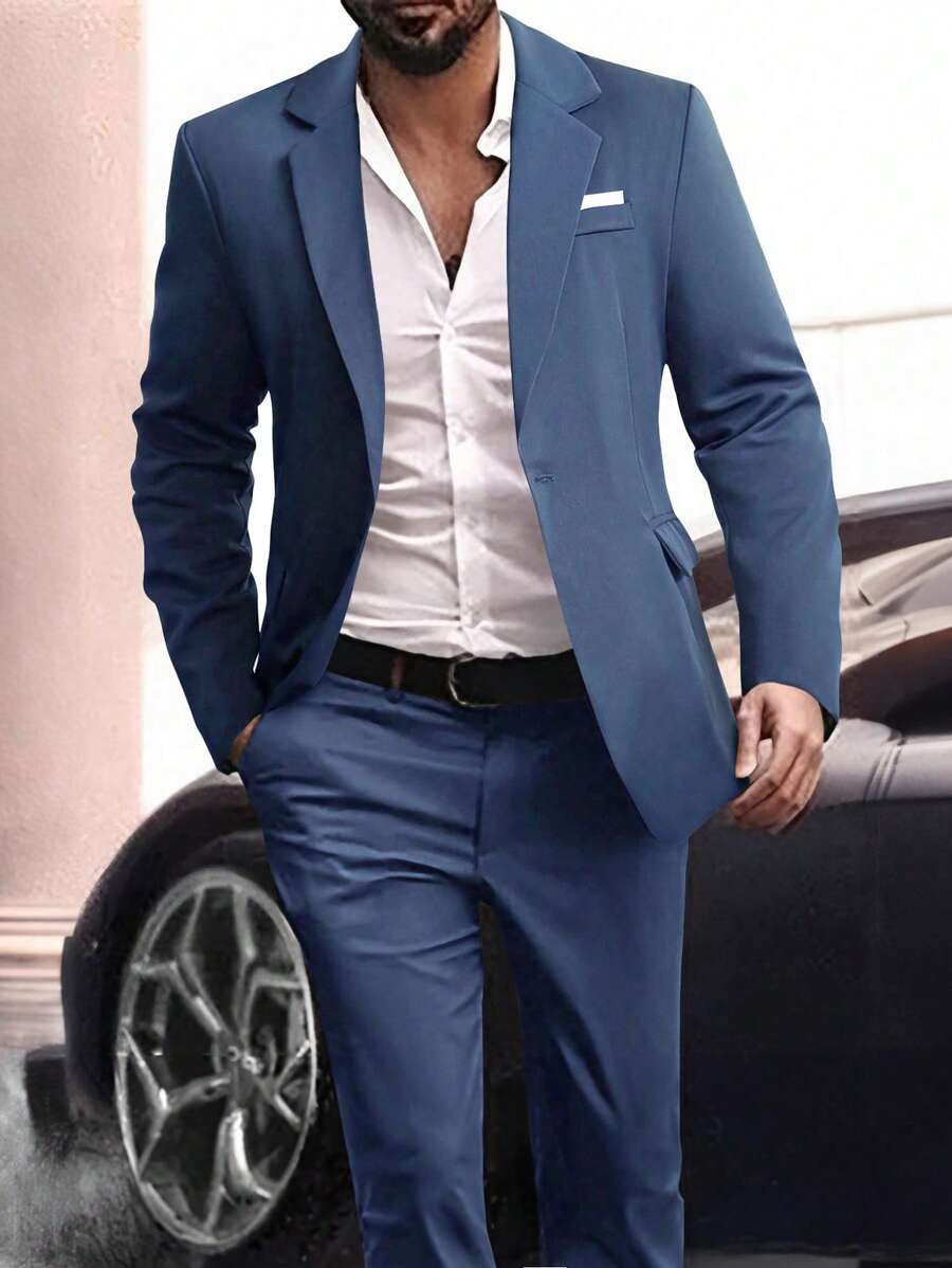 Manfinity Mode Men's Colorblock Lapel Collar Long Sleeve Business Suit Jacket And Pants Set, Spring Autumn