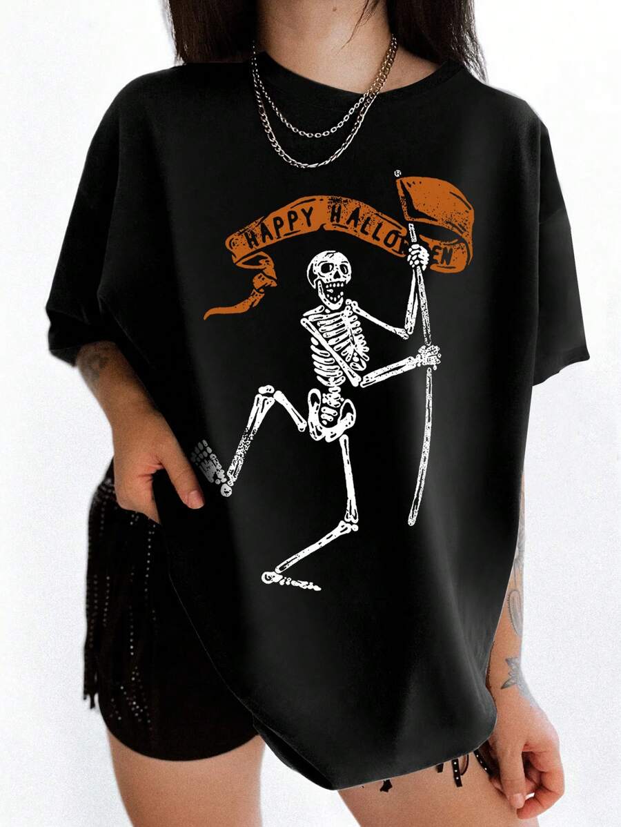 SHEIN LUNE Plus Size Skull English Text Print Crew Neck Short Sleeve T-Shirt, Summer