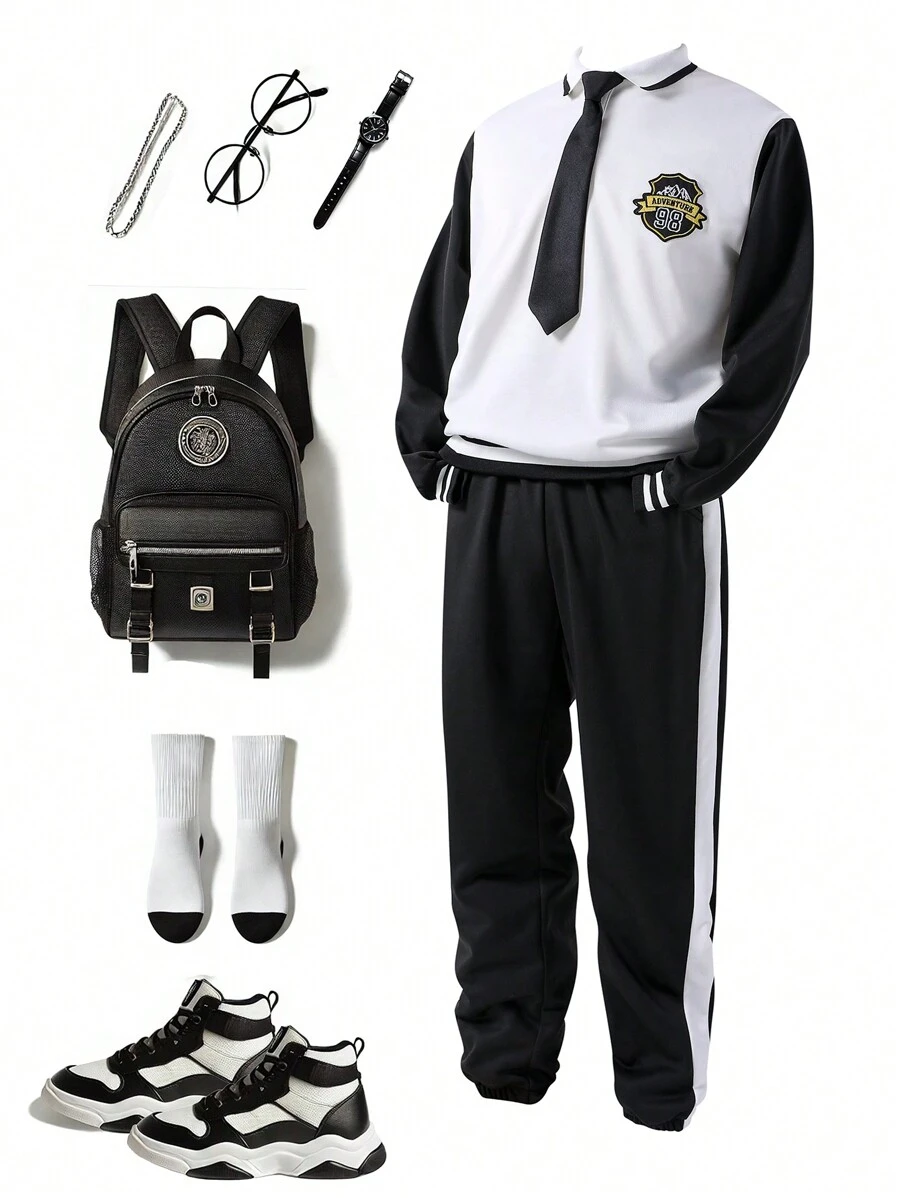SHEIN Conjunto de 2 piezas de camisa polo de manga larga con bloques de color y pantalones para niño adolescente, estilo escolar de otoño/invierno, atuendos de vuelta al colegio