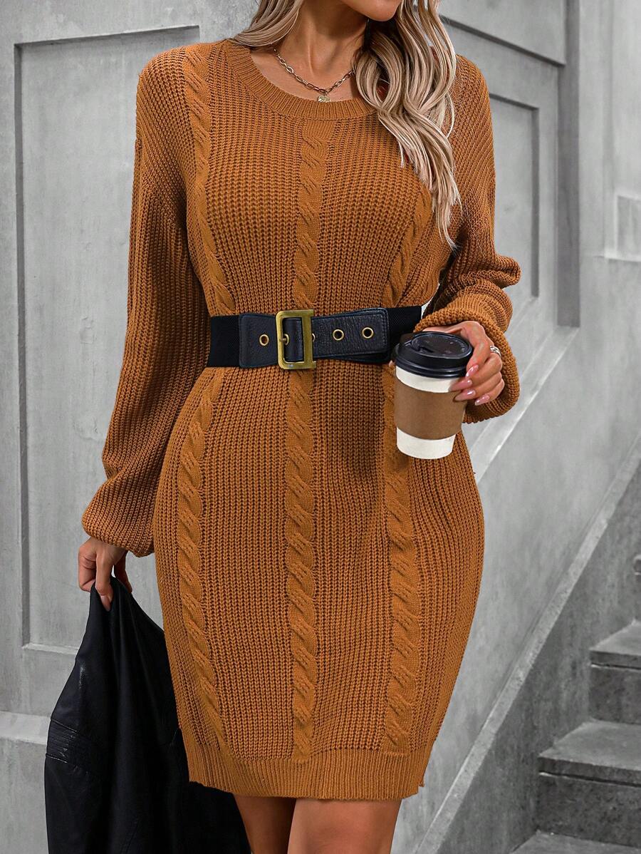 SHEIN Clasi Solid Color Cable Knit Sweater Dress, For Spring And Autumn