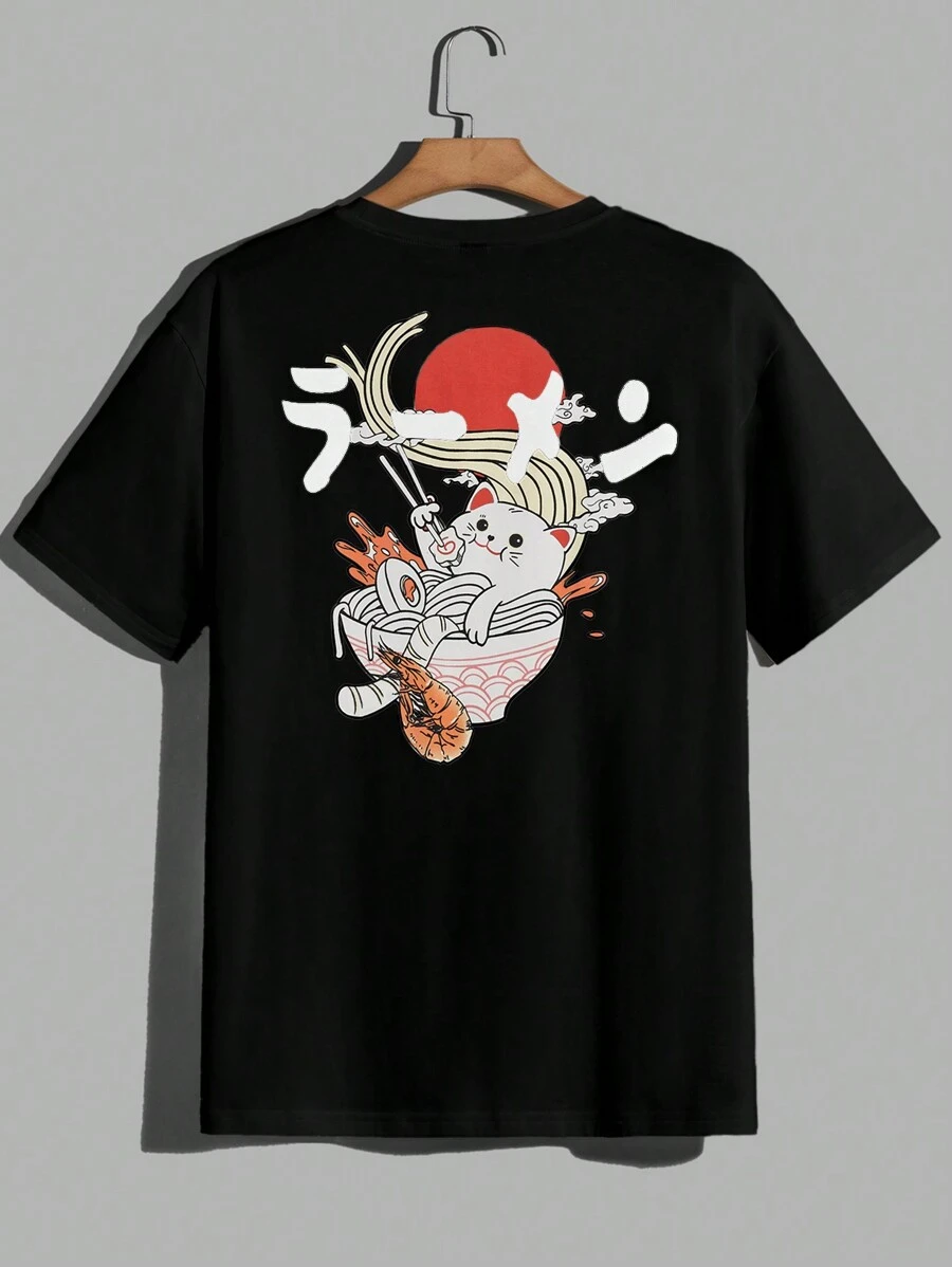 SWAVVY Camiseta de manga corta casual de punto con estampado de gato de dibujos animados para hombre, para verano