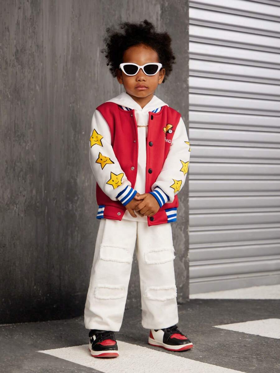 SHEIN 2pcs Young Boys' Fashion Sporty Casual Colorblock Print Baseball Jacket With Vintage Washed Jeans Set, For Sports, Daily Wear, Outdoor, School