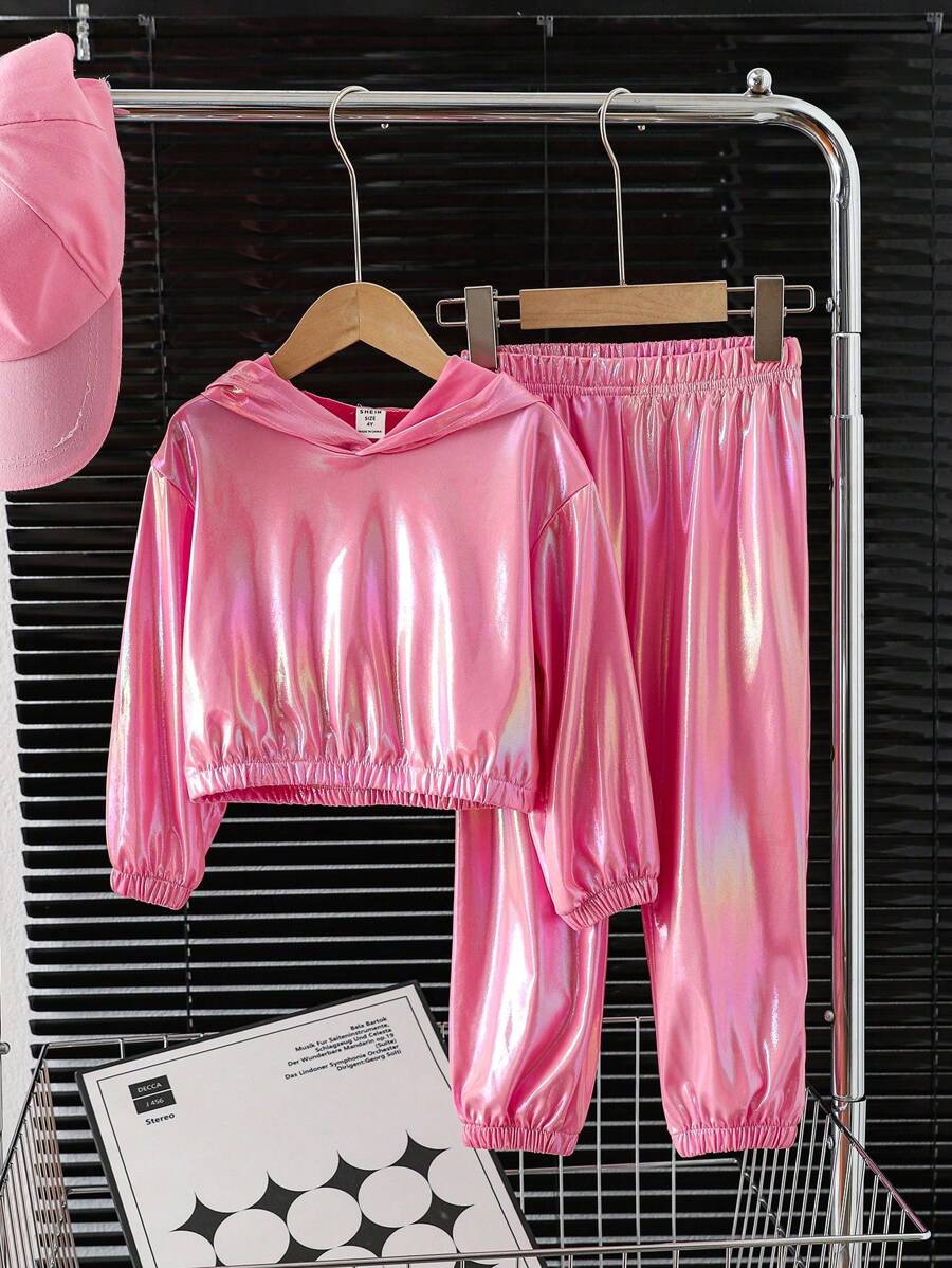 SHEIN 2-częściowy dziewczęcy, minimalistyczny, błyszczący, skrócony zestaw bluzy z kapturem i spodniami ze ściągaczem, odpowiedni do codziennego noszenia na co dzień, na wiosnę i jesień, na wszystkie pory roku