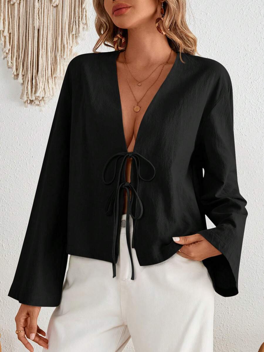 SHEIN VCAY Plus Size Casual Bell Sleeve Tie Waist Shirt, Autumn Resort Wear