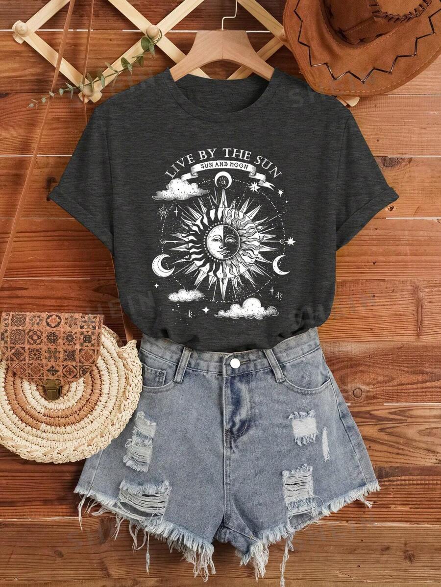 INAWLY Camiseta gráfica de manga corta con estampado de sol y lema para mujer