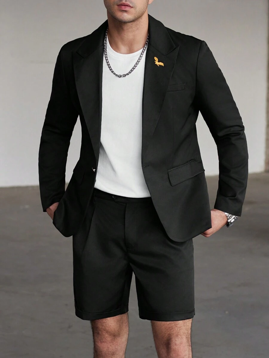 Manfinity Bizformal Traje casual de negocios para hombres con logo de águila bordado en oro, de manga corta y color negro. Conjunto de dos piezas para hombre, ideal para el esposo