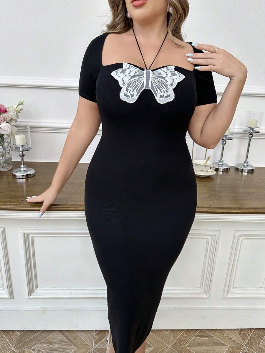 Modelyn Plus Size Elegant Short Sleeve Butterfly Floral Lace Trim Sweater Dress, Elegant Vintage Party, Long Sweater Dresses