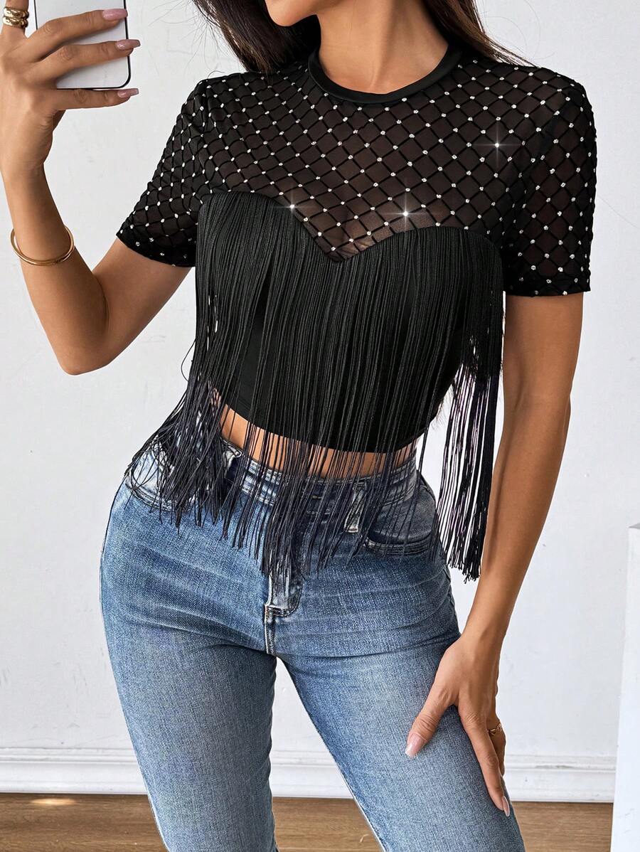 SHEIN Privé Top corto sexy con brillos y flecos para mujer