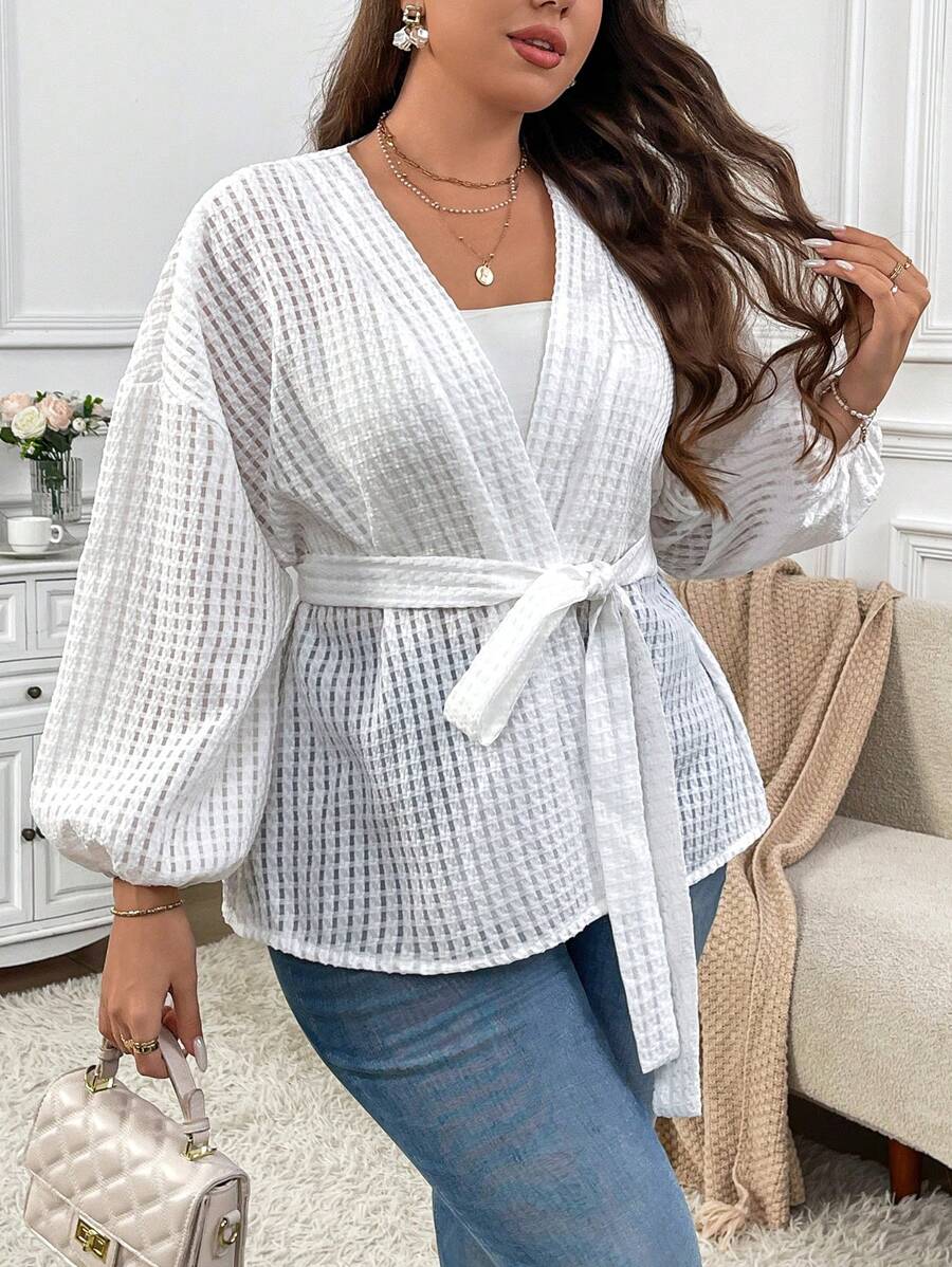 SHEIN Privé Plus Size Elegant Casual V-Neck Self Tie Waist Jacquard Textured Solid Color Jacket