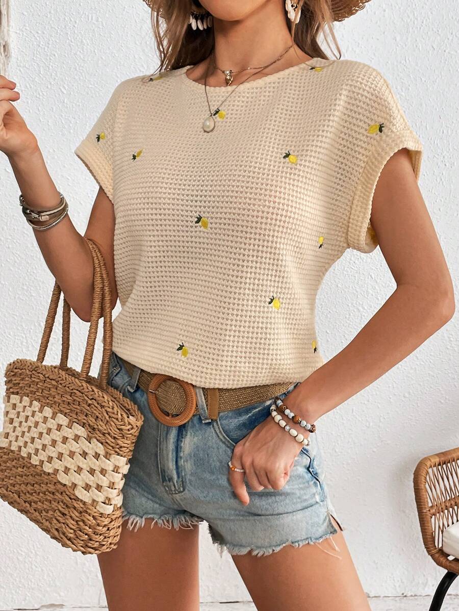SHEIN Frenchy Women Embroidery Decor Round Neck Short Sleeve T-Shirt