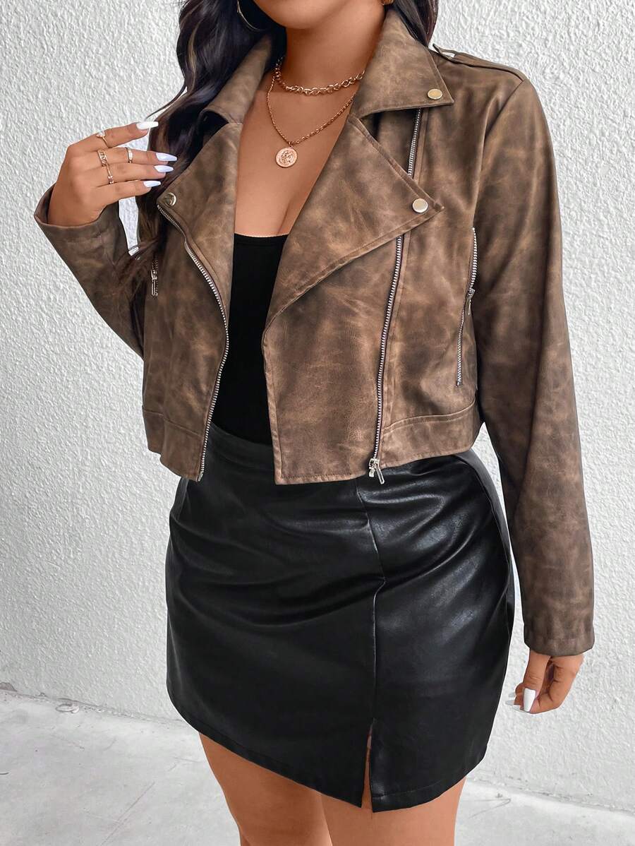 SHEIN Privé Plus Size Comfortable Casual Vintage Leaf Print Relaxed Fitted Cropped Zip Decorated Women's PU Jacket, For Winter