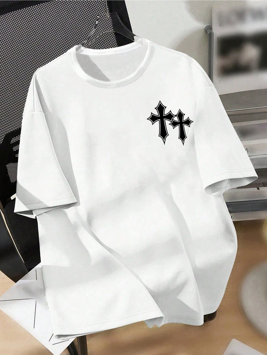 SHEIN Cross, Faith, Jesus, Tween jongens casual eenvoudig kruispatroon T-shirt met korte mouwen geschikt voor de zomer