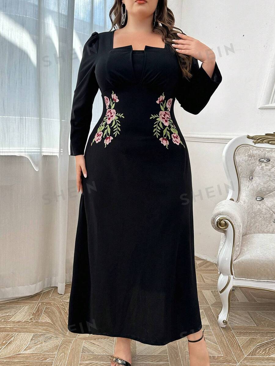 Modelyn Vestido de manga larga con cuello cuadrado, decoración de bordado de flores, para uso diario, para mujer talla grande. Vestidos largos para uso casual, de fiesta, boda o eventos de noche.