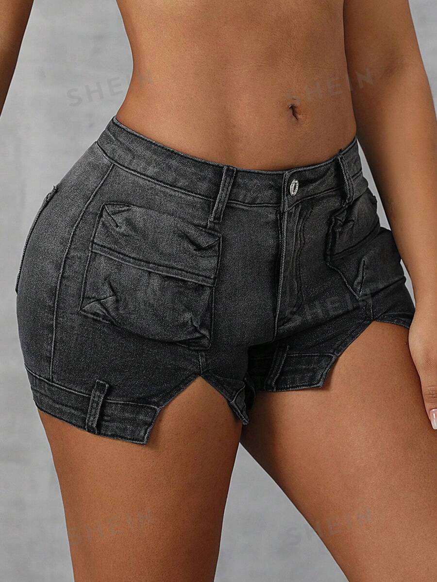 SHEIN SXY Pantalones cortos de mezclilla sencillos con botón delantero y bolsillo, de uso diario y casual para mujer