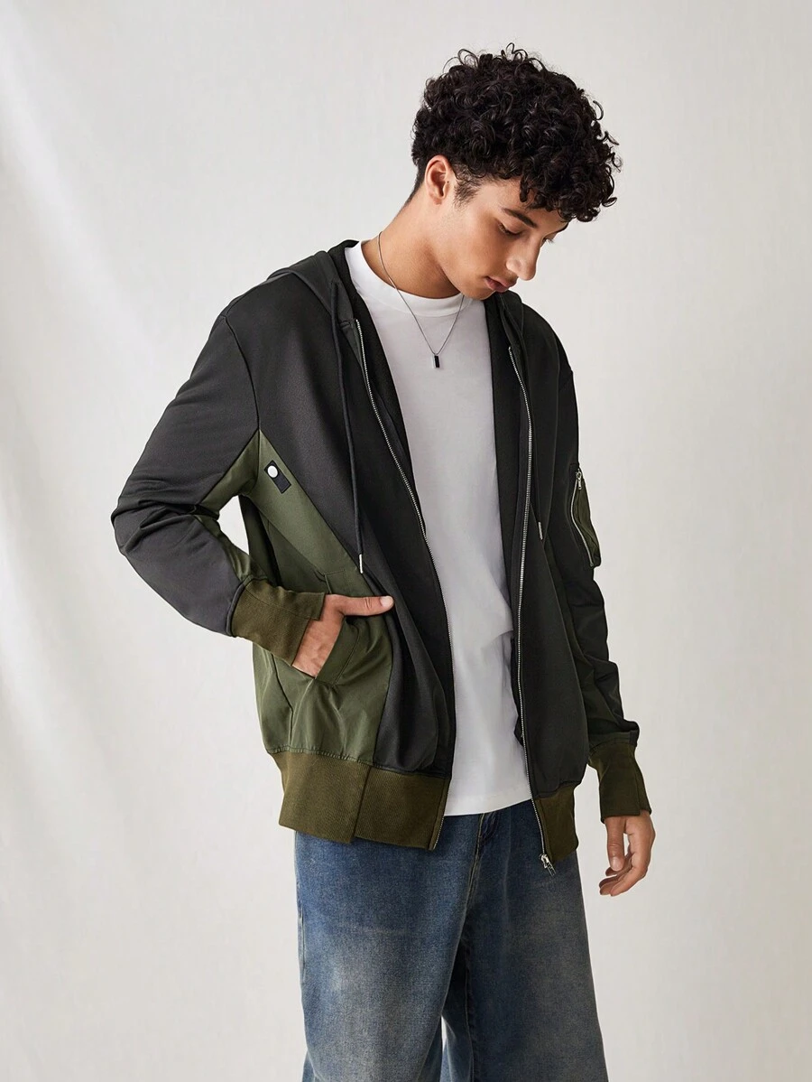 Manfinity VCAY Sudadera con capucha de tipo parca informal casual de punto holgada con parches para hombre joven