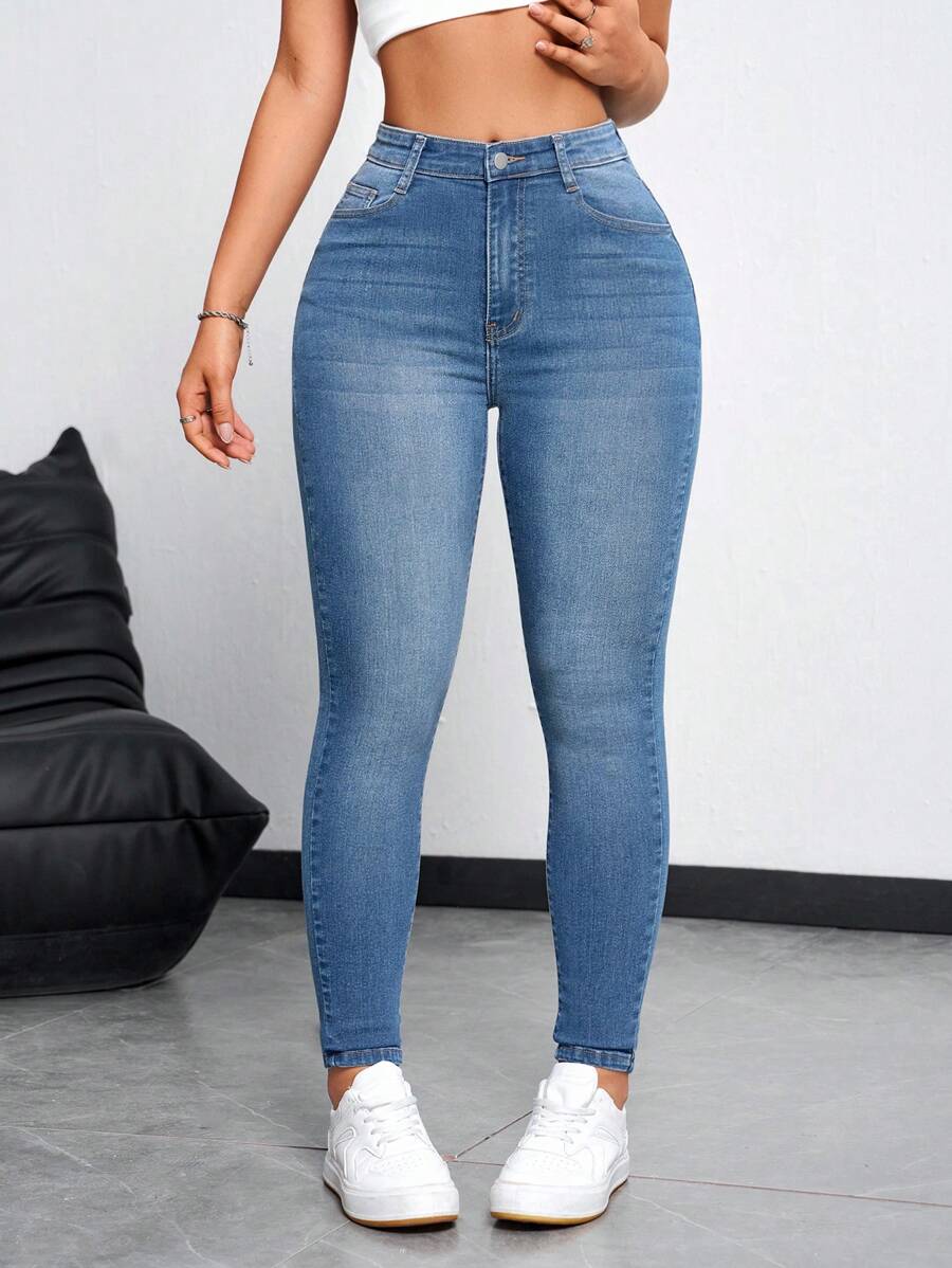 SHEIN Essnce Women Tight Daily Wear Simple Denim Trousers