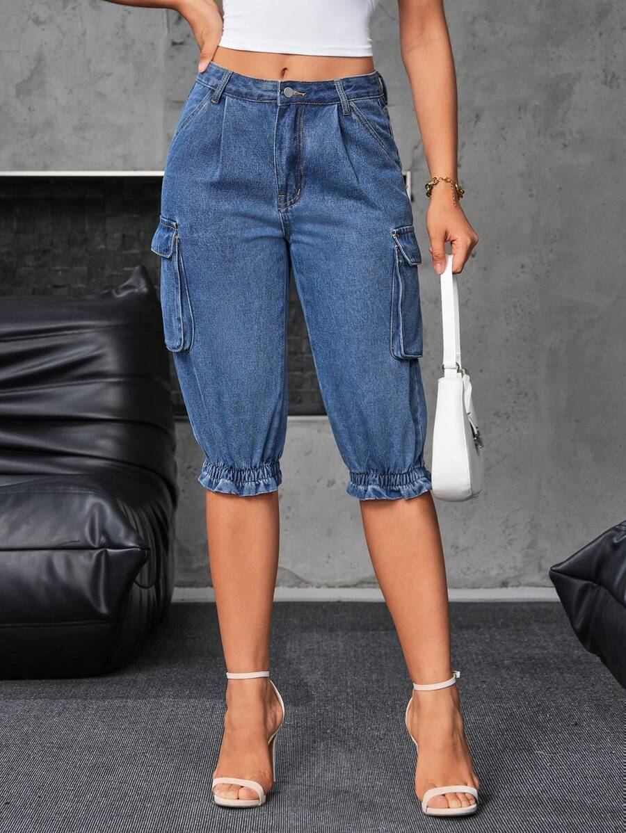 SHEIN Essnce Women Front Button Multi-Pocket Simple Cuffed Casual Jeans
