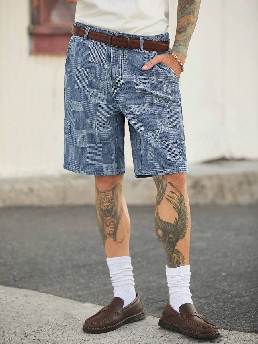 Manfinity Homme Men's Vintage Casual Light Blue Plaid Denim Shorts