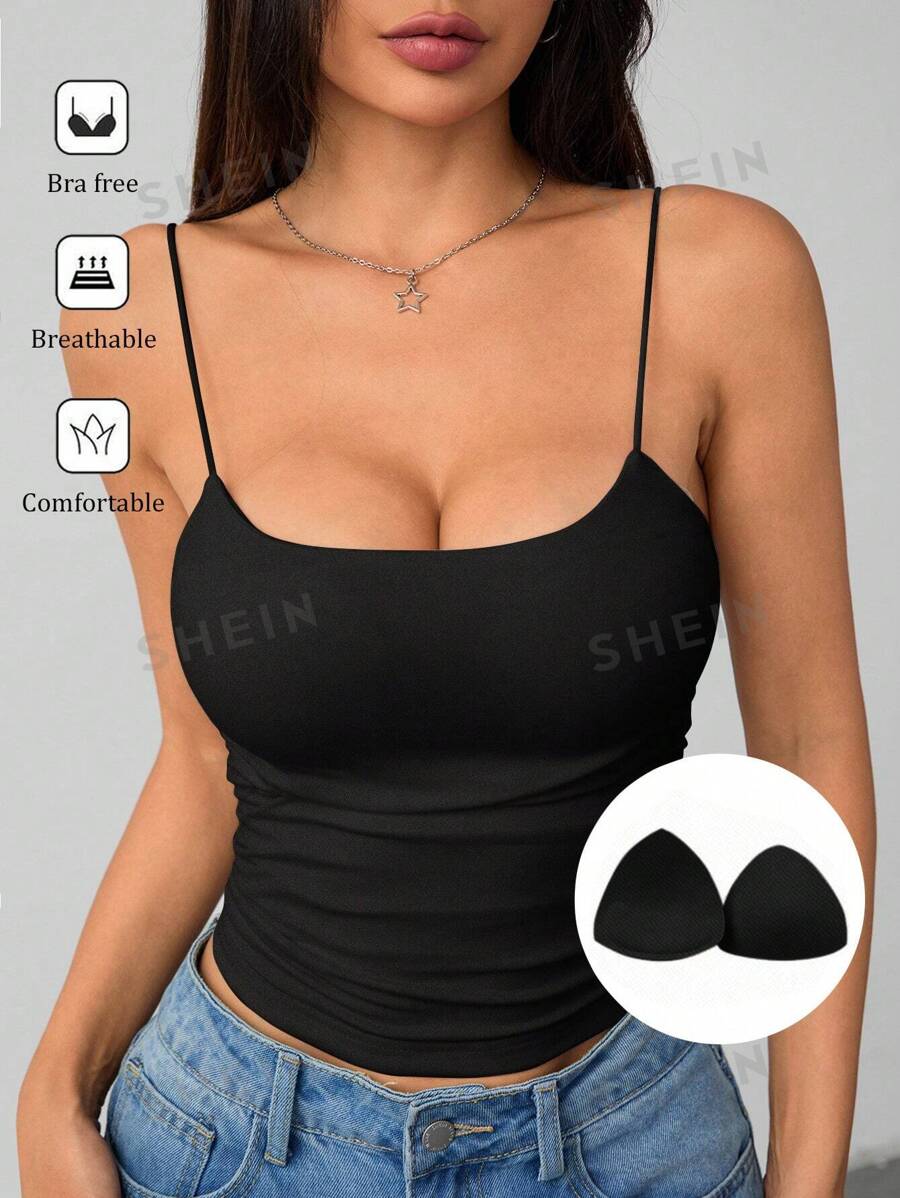 SHEIN PETITE Camiseta básica ajustada de cuello redondo, blanca, transpirable para mujeres; Camisetas de tirantes negras sin sujetador para mujer