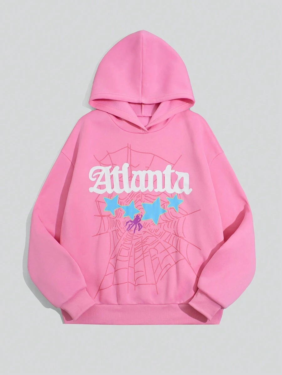 Flirla Loose Fit Spider Web & Star Graphic Print Open Shoulder Hoodie Sweatshirt, Casual