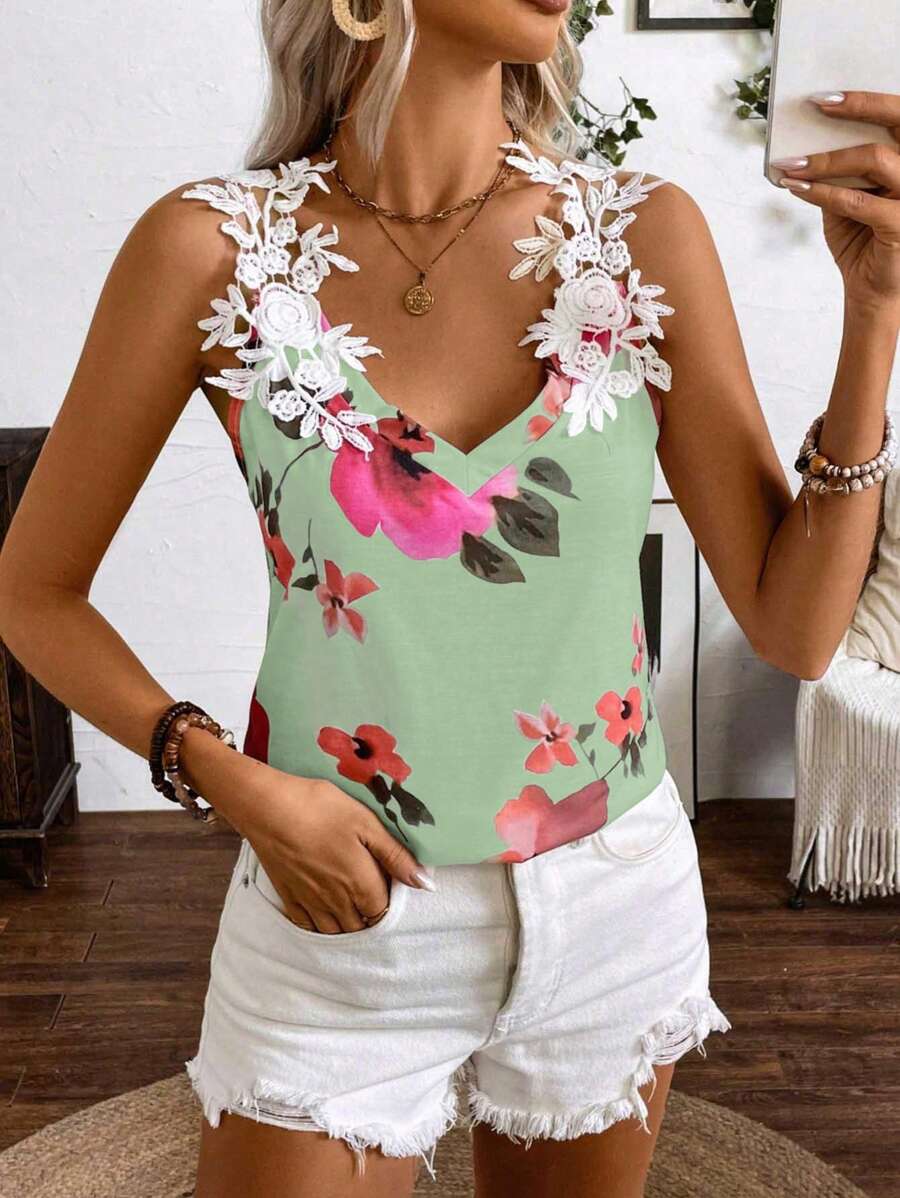 SHEIN LUNE Ladies Flower Print Sleeveless Tank Top With Shoulder Ruffle Detail