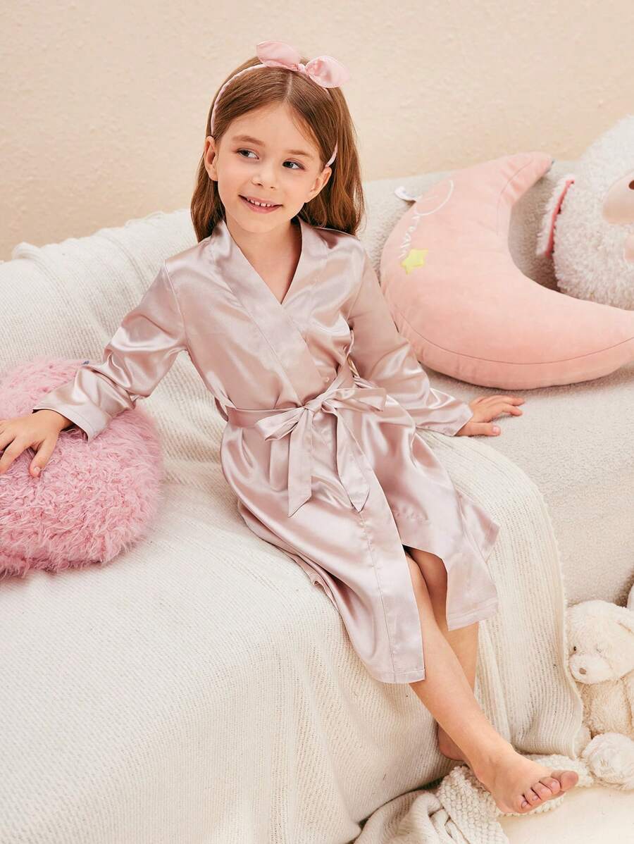Girl Pajamas - Beige Solid Color Long Sleeve Robe Loungewear, Mommy And Me Matching Outfits (3 Pieces Sold Separately)