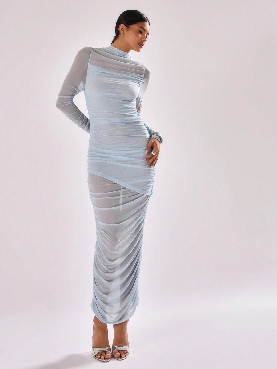 MUSERA Sexy Sheer Mesh Ruched Detail Long Dress Elegant Spring Summer Vacation Party Sheer Wedding Guest