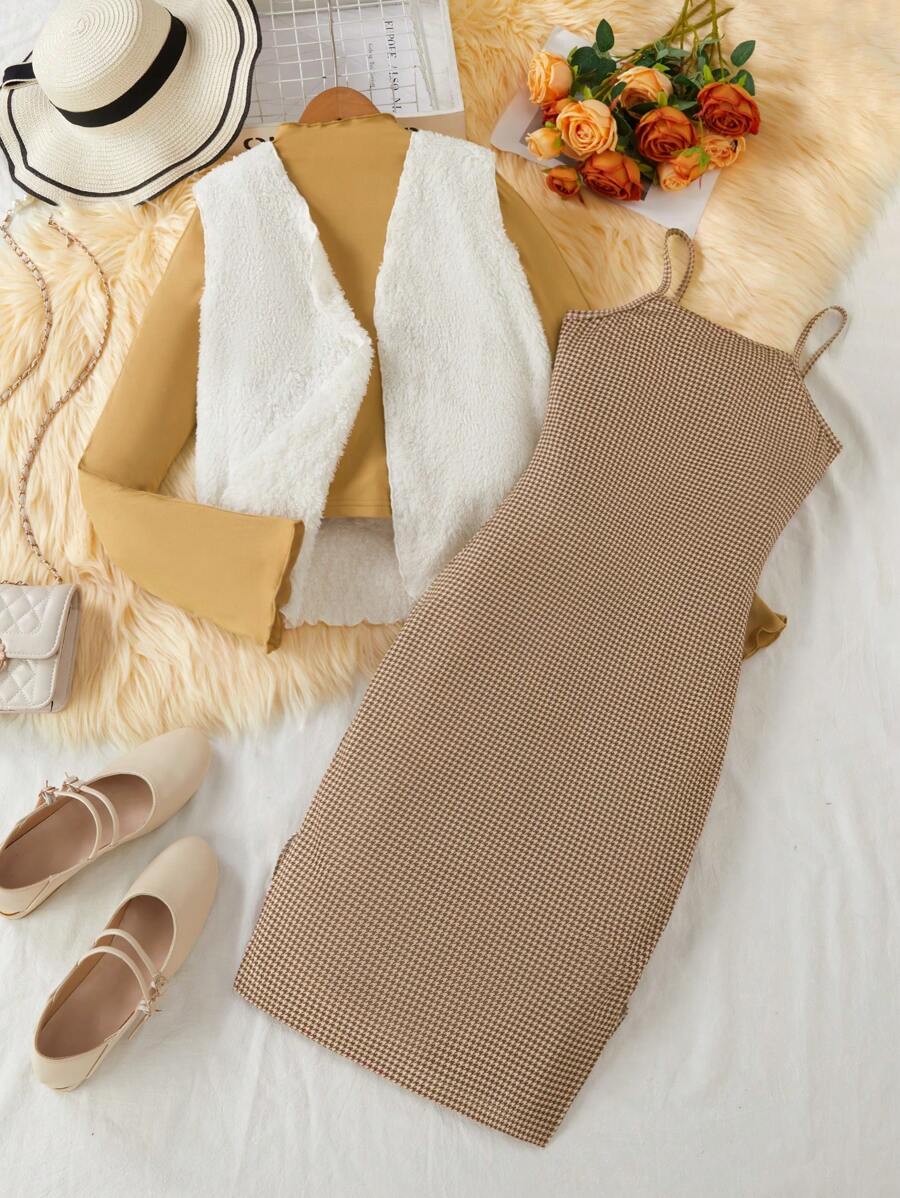 3pcs/Set Teen Girls' Knit Turtleneck Tee, Houndstooth Dress And Fleece Vest Outfit, Suitable For Autumn Trips And Back To School
