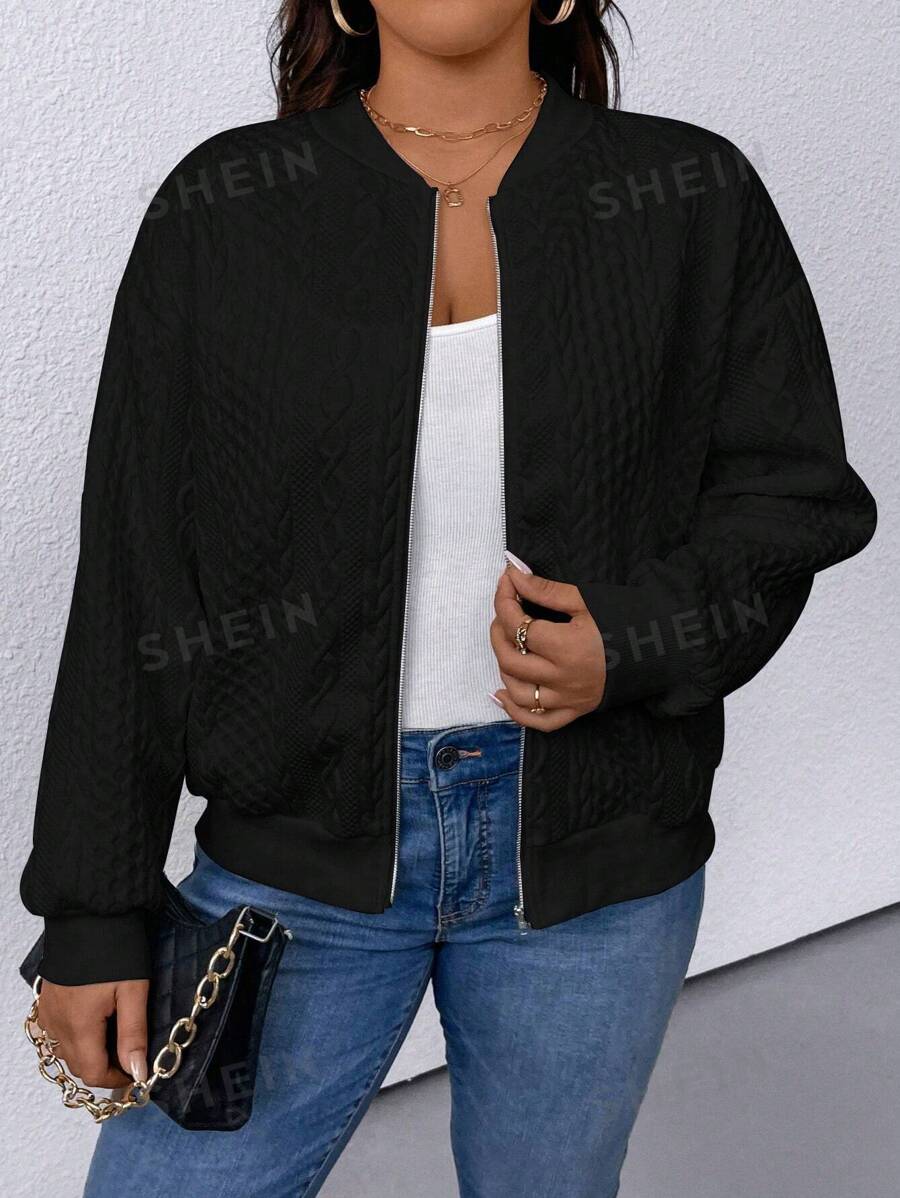 Chaqueta de béisbol casual de unicolor de manga larga para mujer de talla grande, para primavera y otoño, en color negro