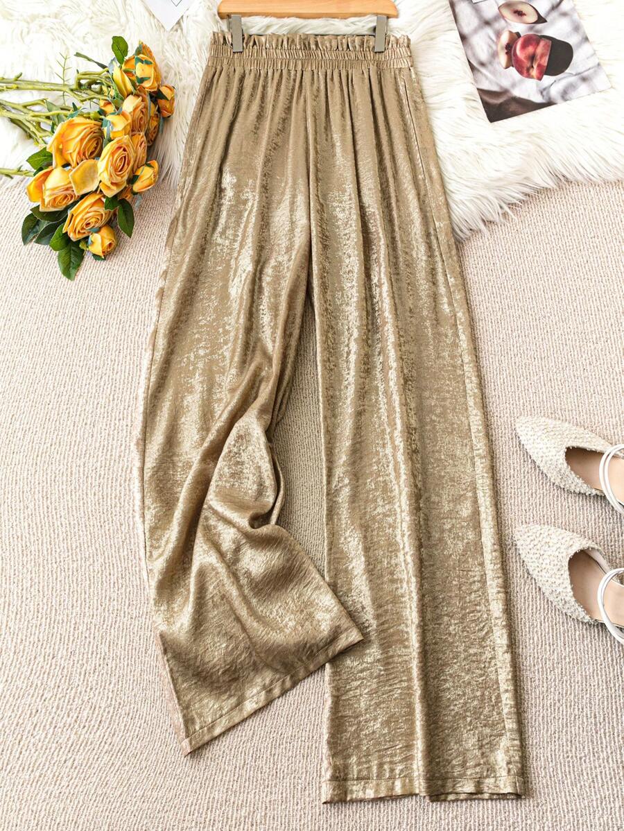 SHEIN LUNE Pantalones casuales holgados de pierna ancha y cintura con volantes de talla grande para mujer, en color dorado, para fiestas y celebraciones de Año Nuevo