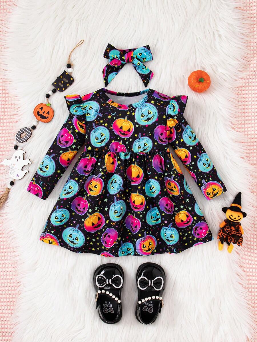 Robe à manches longues avec imprimé citrouille colorée pour bébé fille, pour la fête d'Halloween