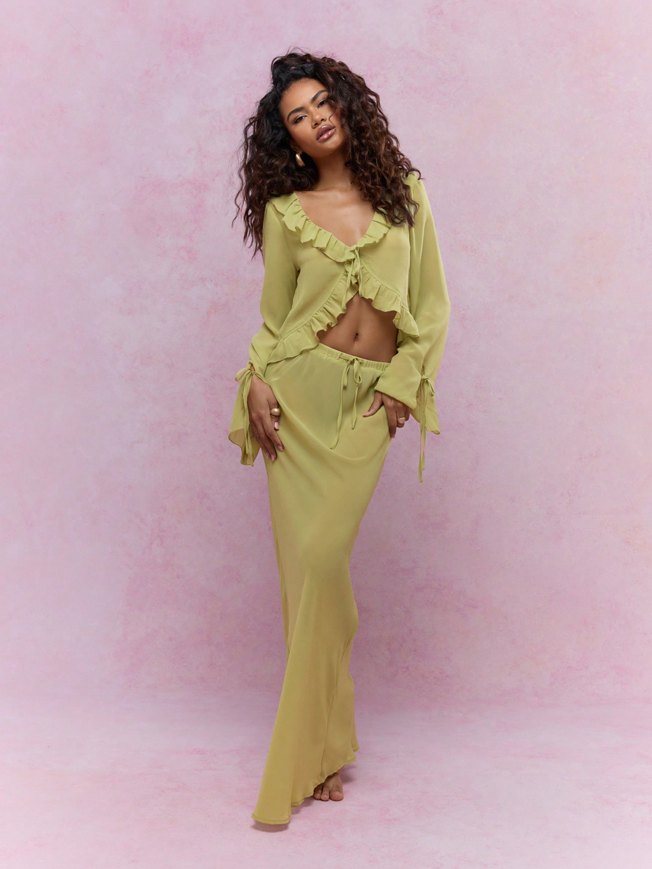 MISSGUIDED Sheer Frill Detail Long Sleeves Top And Maxi