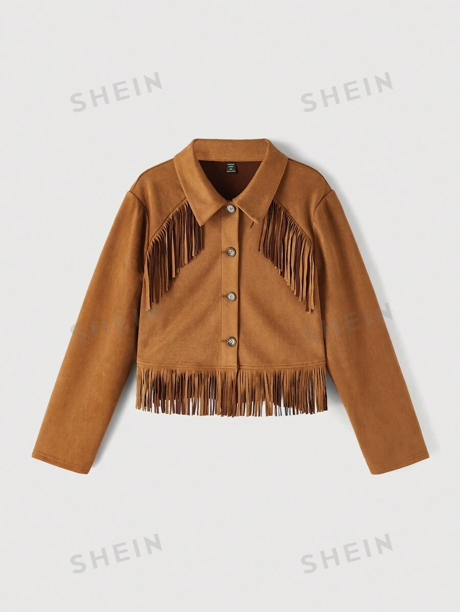 SHEIN MOD Chaqueta para mujer de talla grande con cuello, manga larga, patchwork, flecos