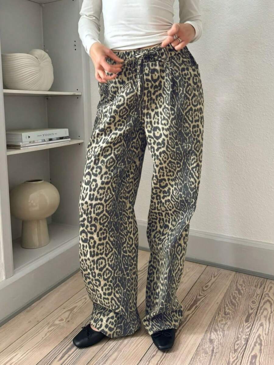 INAWLY Women Leopard Print Tie Front Straight Leg Casual Pants