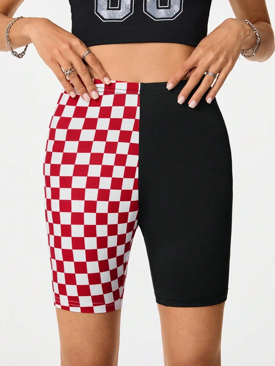 SHEIN EZwear Women's Streetwear Sportswear Blockcore Sport Checkerboard Print Patchwork Leggings