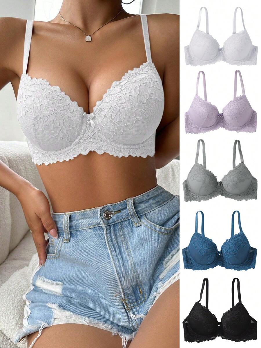 Shein Underwear&Sleepwear Basics Set de 5 piezas de Sujetador acolchado de encaje romántico para uso diario, mejorar busto pequeño Lencería
