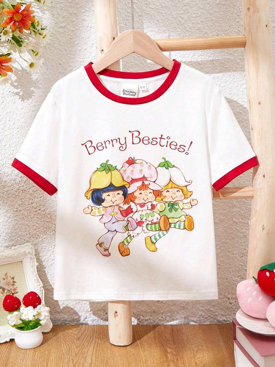 Strawberry Shortcake X SHEIN Camiseta de Manga Curta com Estampa de Morango e Desenho Animado para Meninas Adolescentes com Detalhe de Contraste