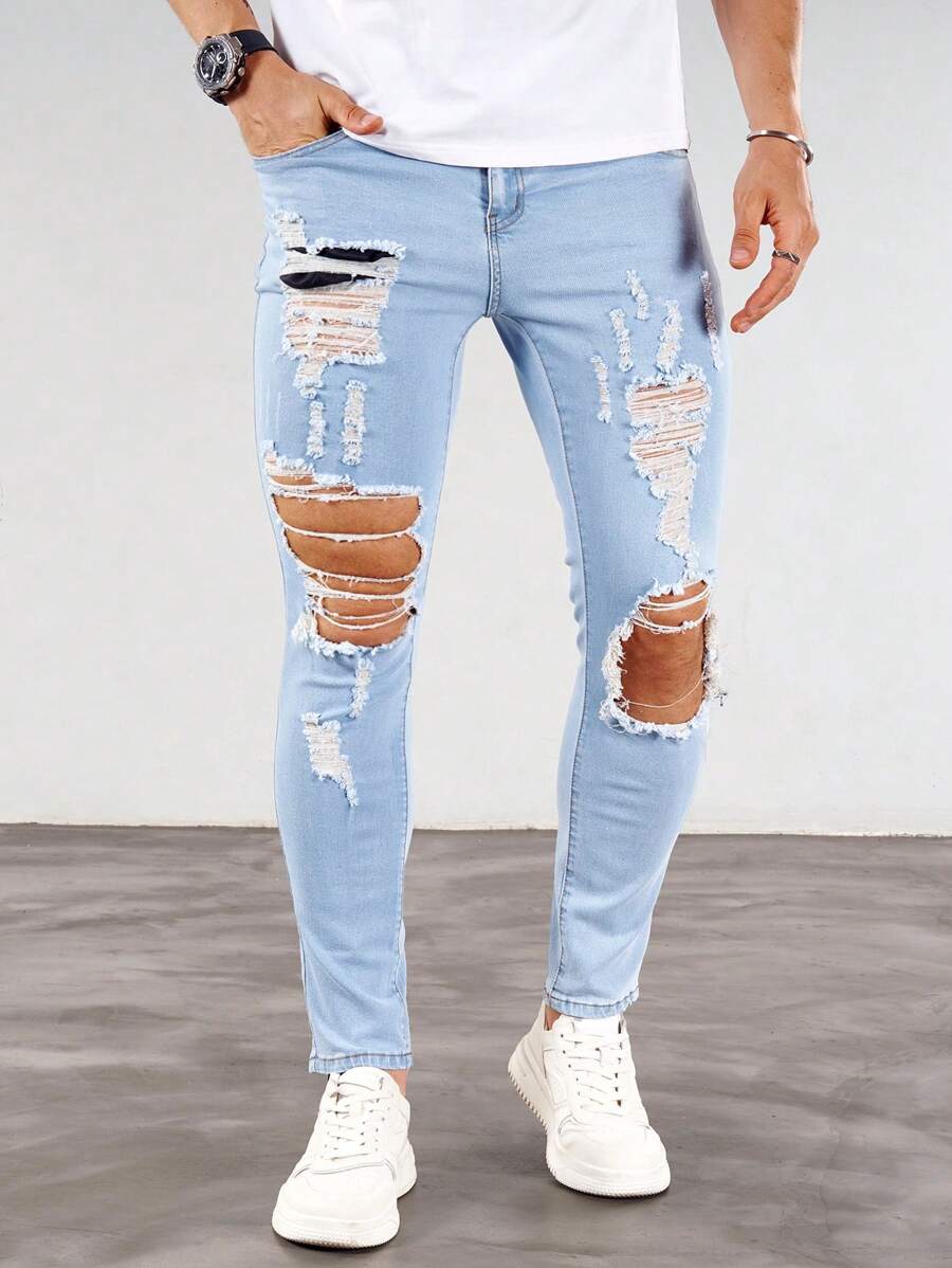 Manfinity Homme Men Pocket Ripped Casual Denim Skinny Trousers