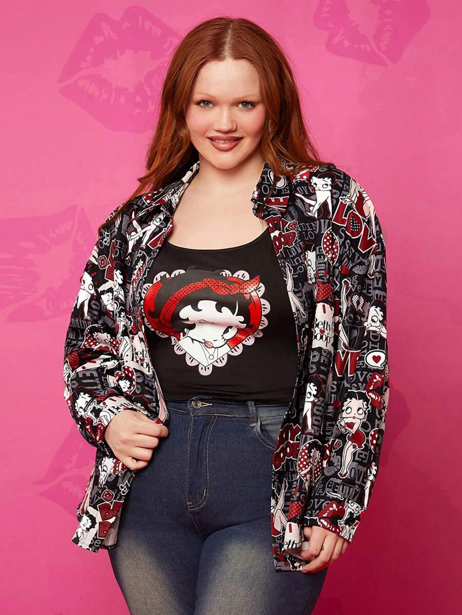 Betty Boop x SHEIN Camicia maniche lunghe oversize vintage stile Y2K, sexy streetwear, stampa a cuore nero e a pois di giornale, per l'autunno