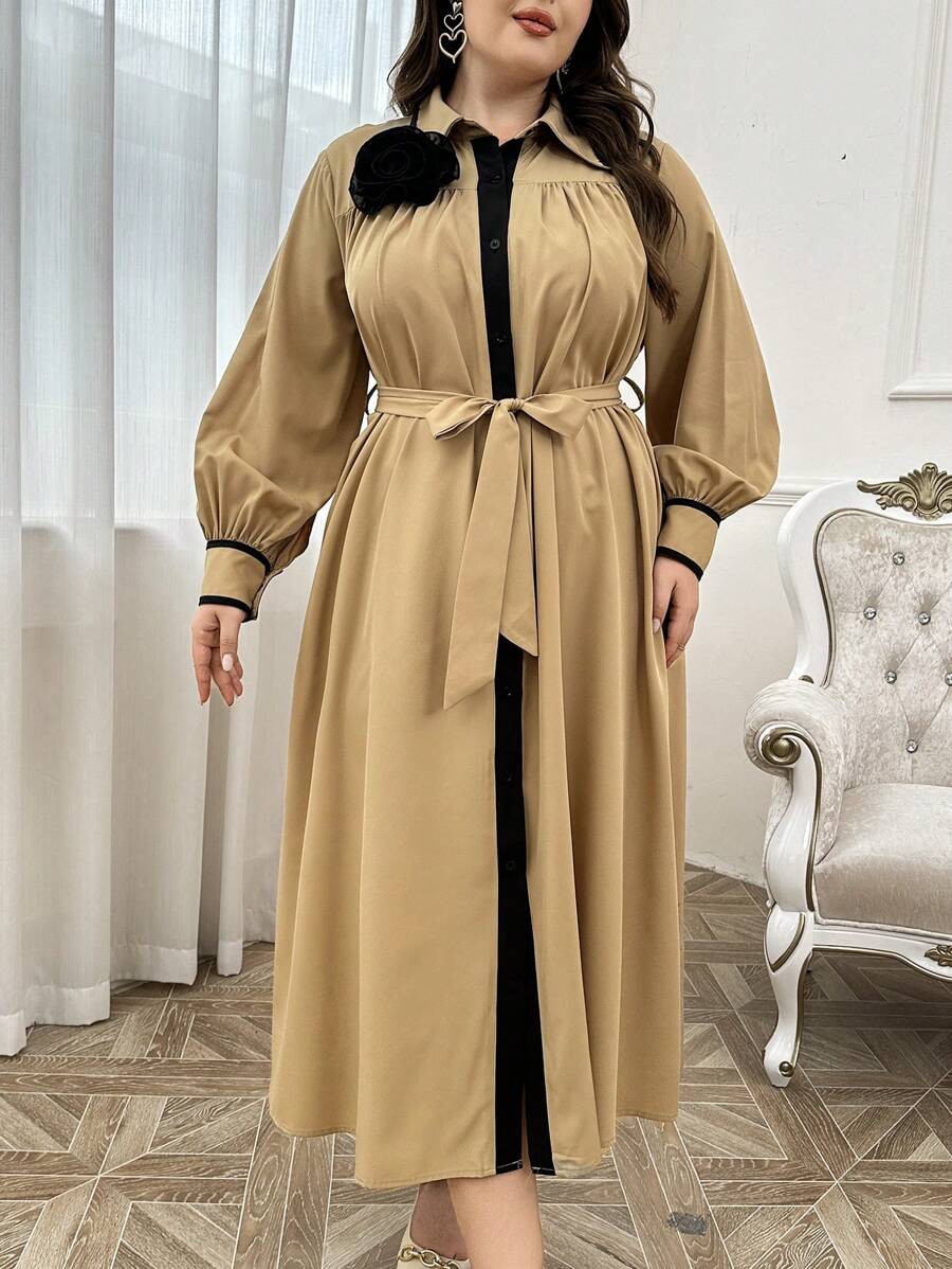 Modelyn Plus Size Casual Belted Long Sleeve Dress, Maxi Long Dress For Casual Daily/Vacation/Holiday/Evening Parties/Wedding Guest Long Evening Dresses
