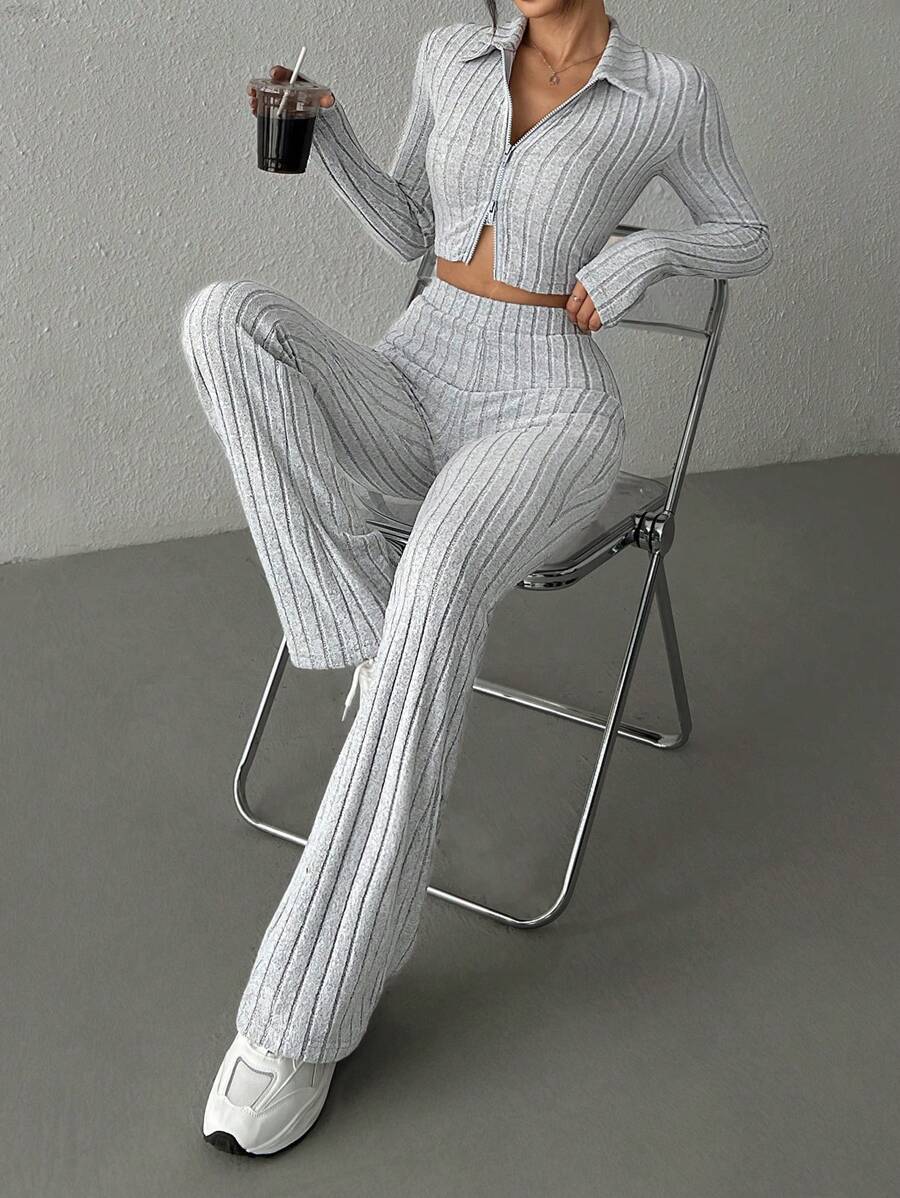 SHEIN EZwear SHEIN EZwear Autumn Zippered Ribbed Knit Cropped T-Shirt And Flared Pants Two-Piece Set