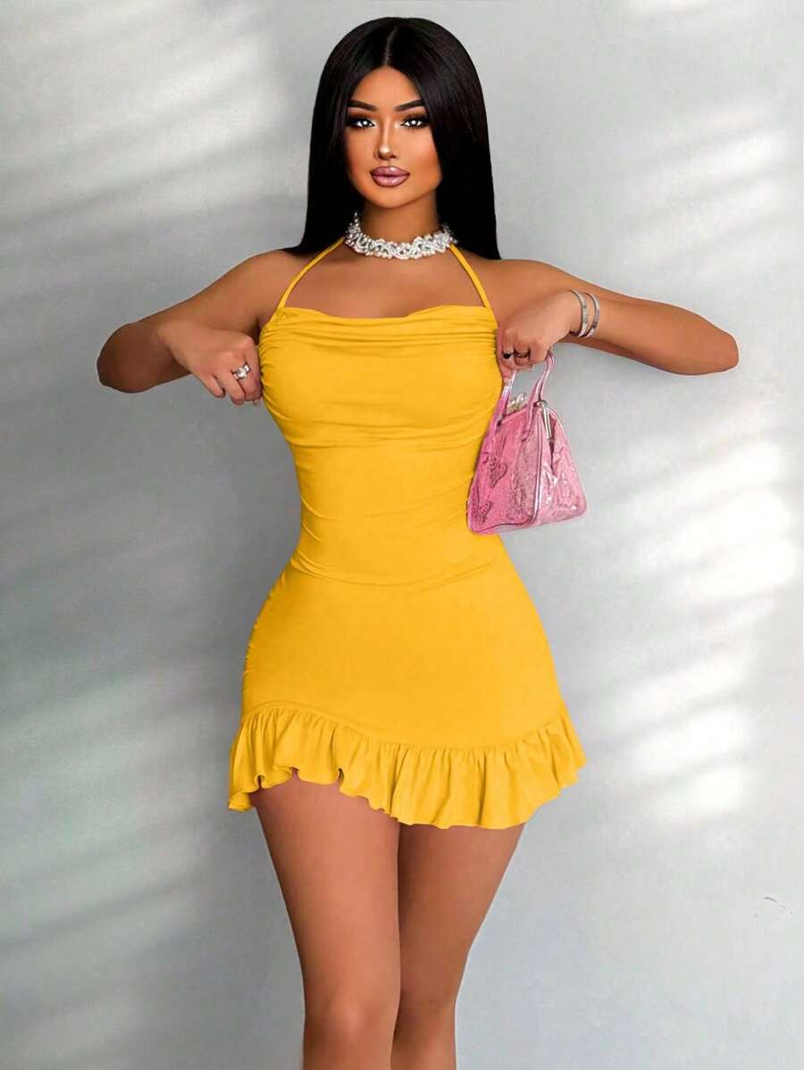 Zolique Women's Sexy Solid Color Ruffle Hem Backless Halter Dress, Summer