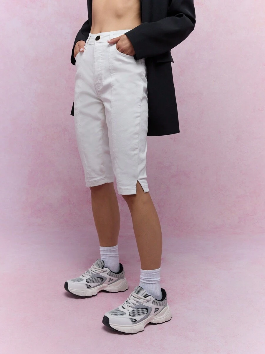 MISSGUIDED Pantalones capri de mezclilla con dobladillo con abertura lateral