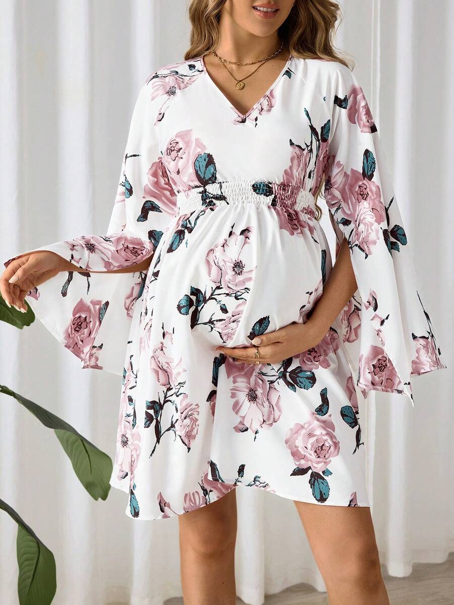 SHEIN Maternity Flower Print V-Neck Poncho Sleeve Simple Everyday Dress